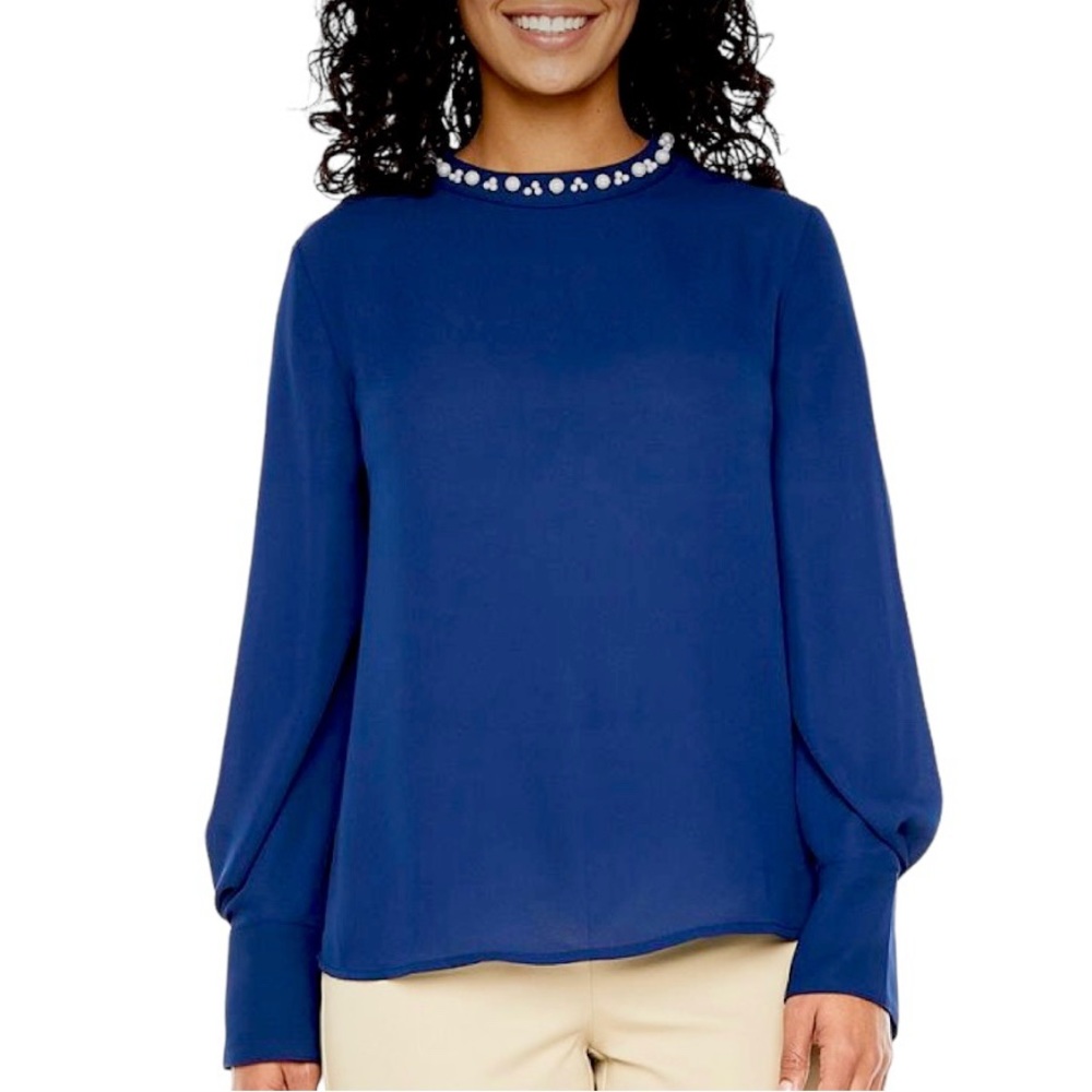 Worthington Embellished Beaded Blouse Sz S Navy Blue Mock Neck Bishop Sleeves - Picture 1 of 14